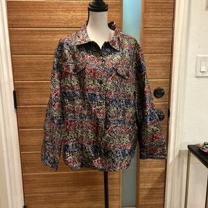 Chico's Multicolor Floral-Scroll Button Jacket - Red, Blue, Green